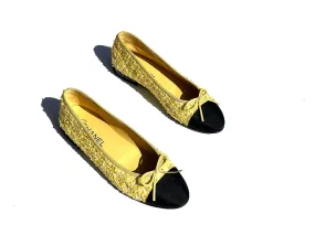 Chanel 20P Yellow Tweed Black Cap Toe Ballerina Flats 39