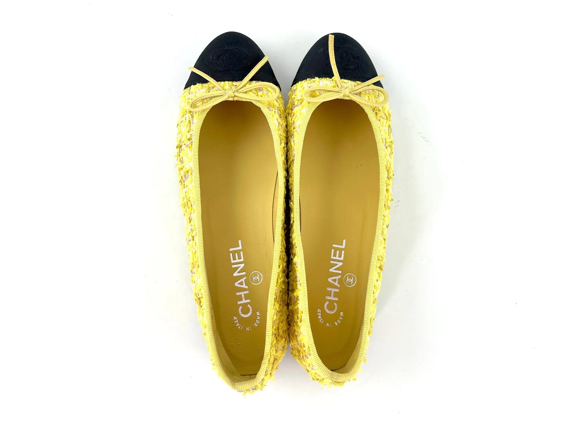 Chanel 20P Yellow Tweed Black Cap Toe Ballerina Flats 39