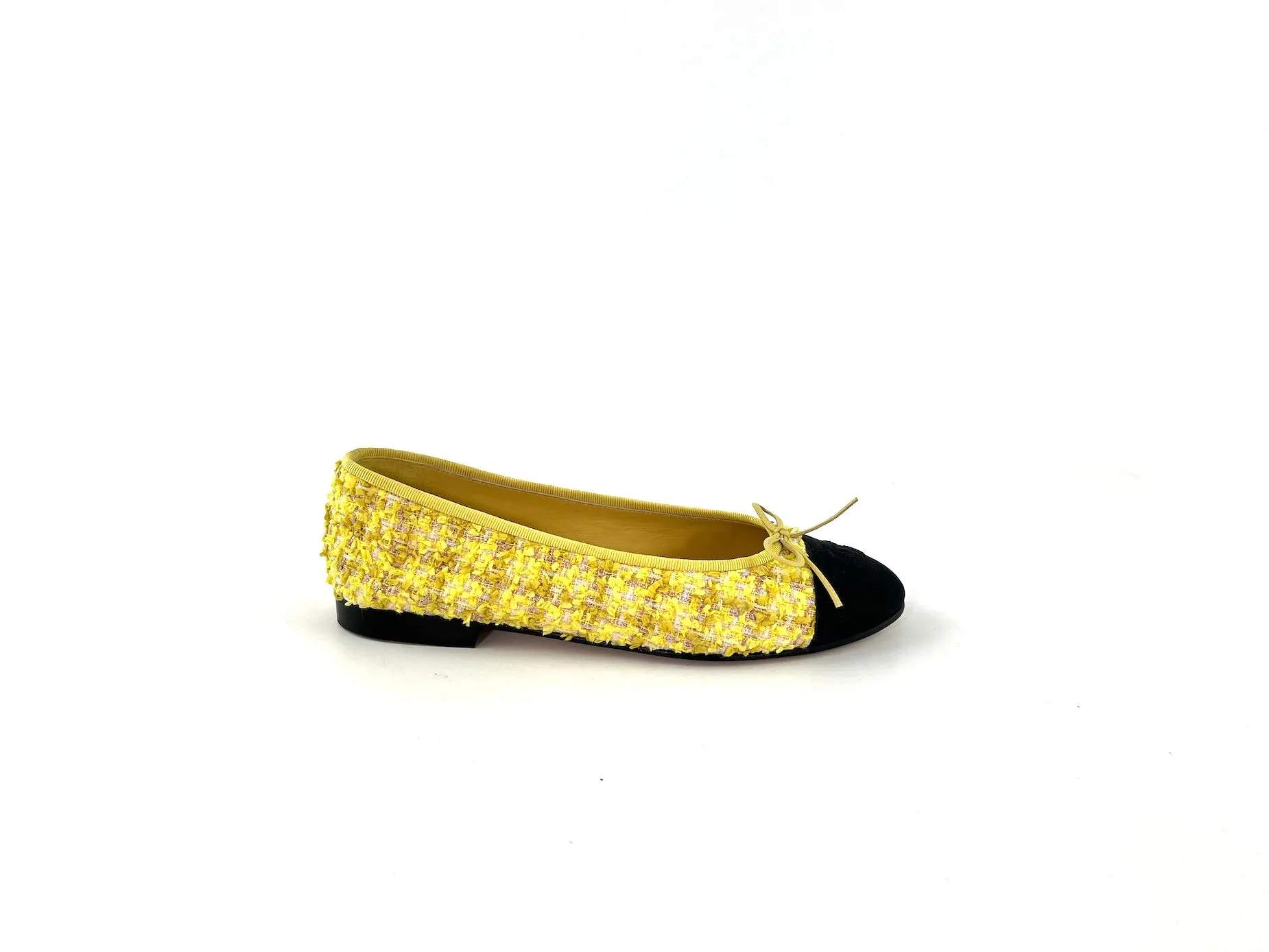 Chanel 20P Yellow Tweed Black Cap Toe Ballerina Flats 39