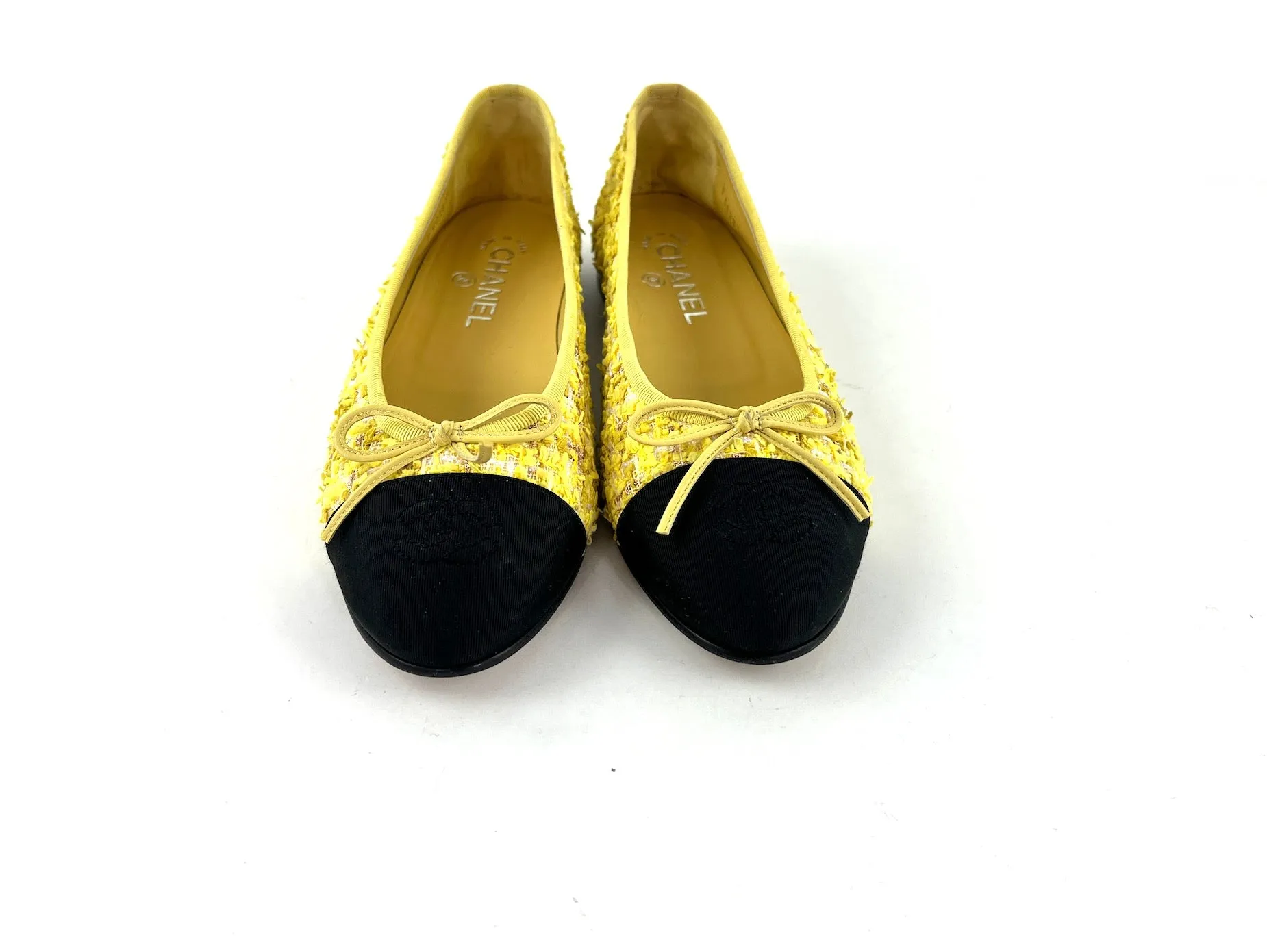 Chanel 20P Yellow Tweed Black Cap Toe Ballerina Flats 39