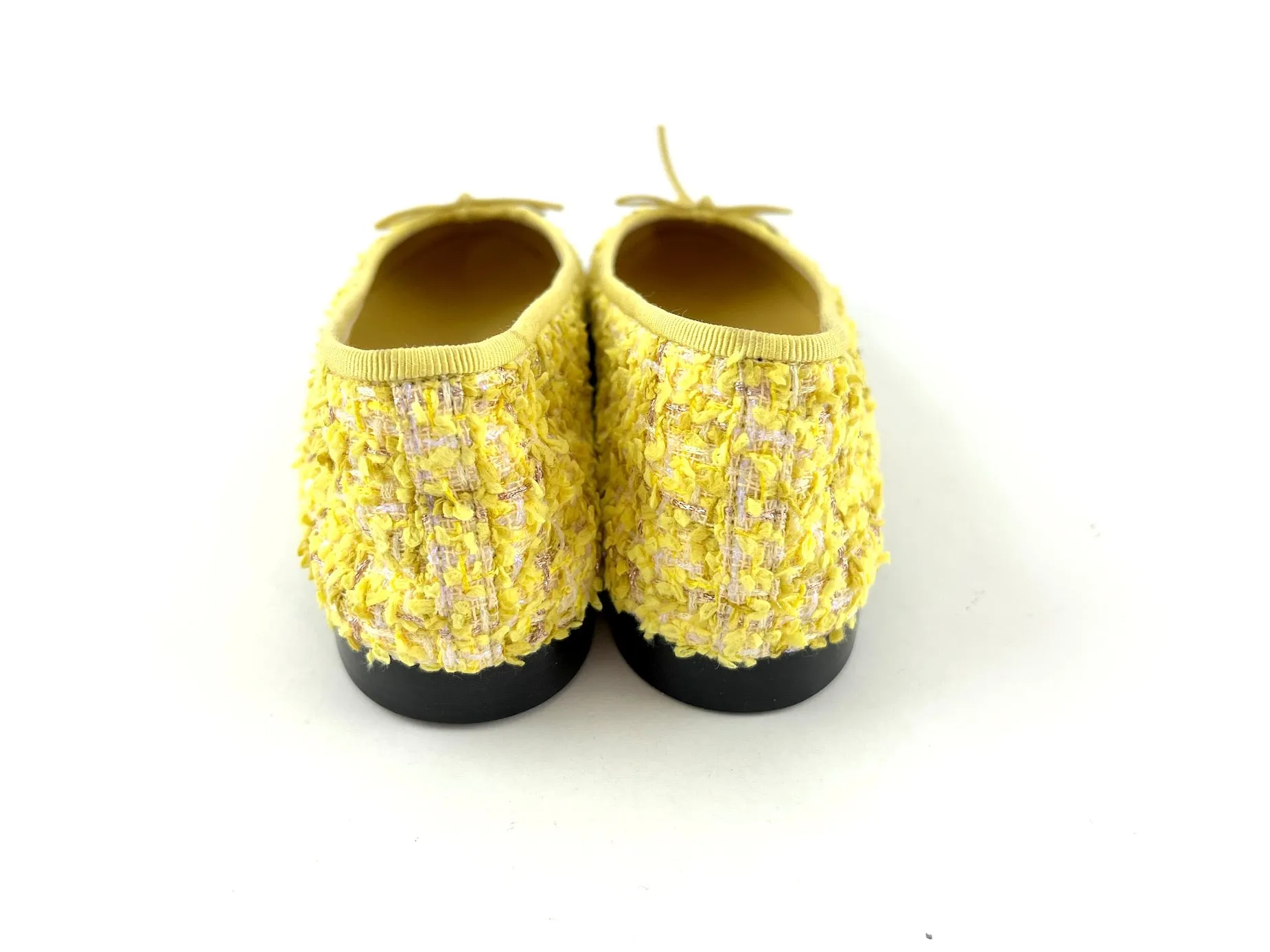 Chanel 20P Yellow Tweed Black Cap Toe Ballerina Flats 39