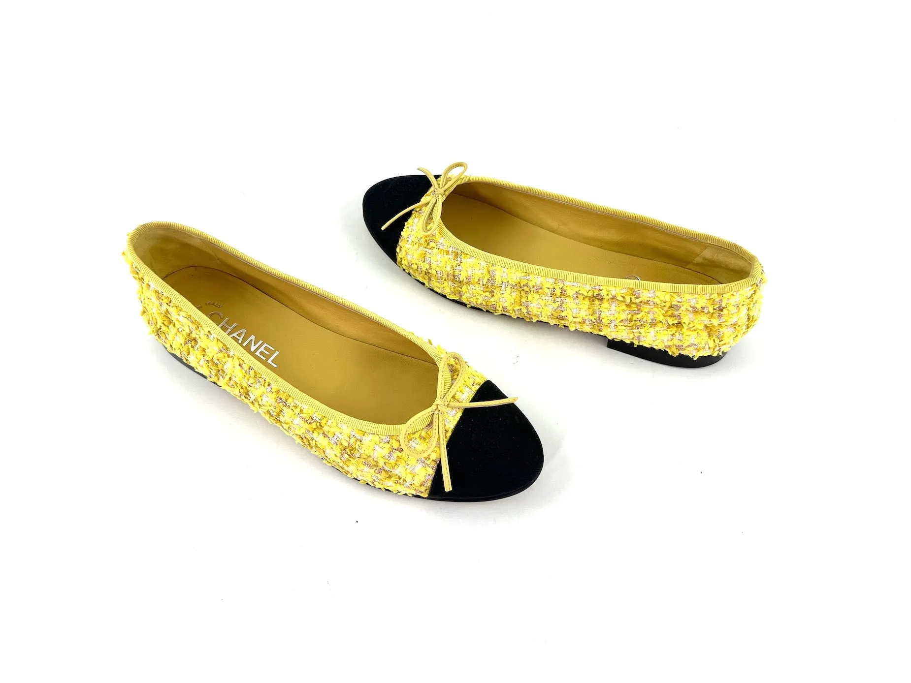 Chanel 20P Yellow Tweed Black Cap Toe Ballerina Flats 39