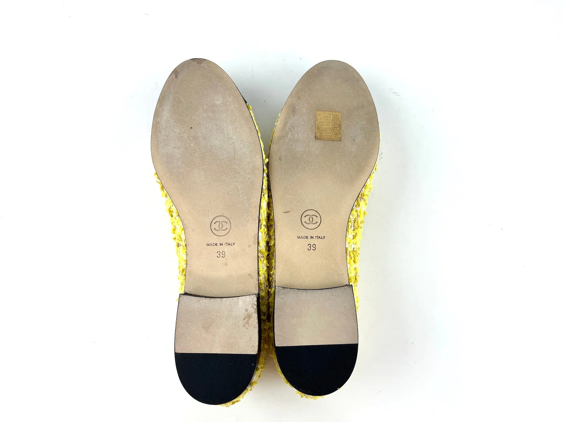 Chanel 20P Yellow Tweed Black Cap Toe Ballerina Flats 39