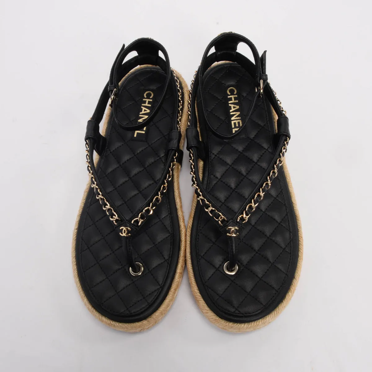 Chanel Black Lambskin Chain CC Thong Sandals 42