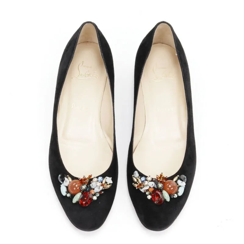 CHRISTIAN LOUBOUTIN mixed crystal stone embellished black suede flats EU37.5