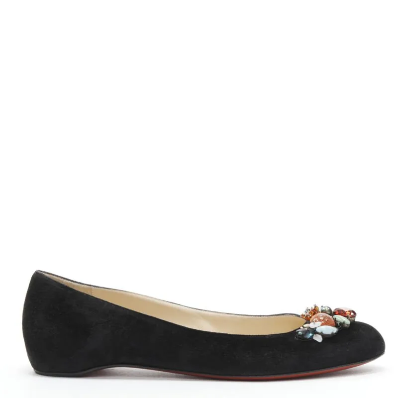 CHRISTIAN LOUBOUTIN mixed crystal stone embellished black suede flats EU37.5