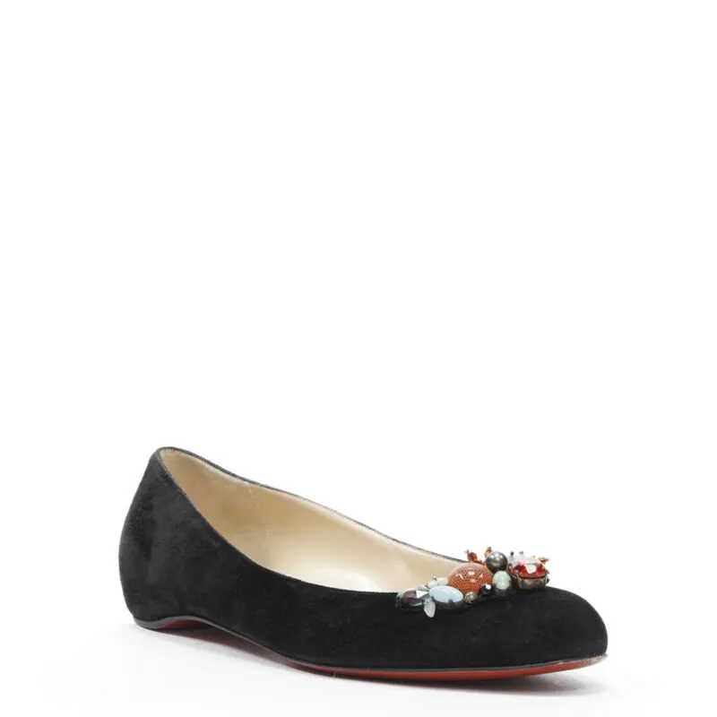 CHRISTIAN LOUBOUTIN mixed crystal stone embellished black suede flats EU37.5