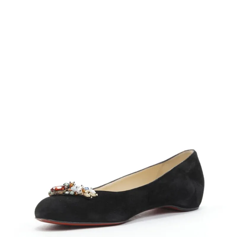 CHRISTIAN LOUBOUTIN mixed crystal stone embellished black suede flats EU37.5