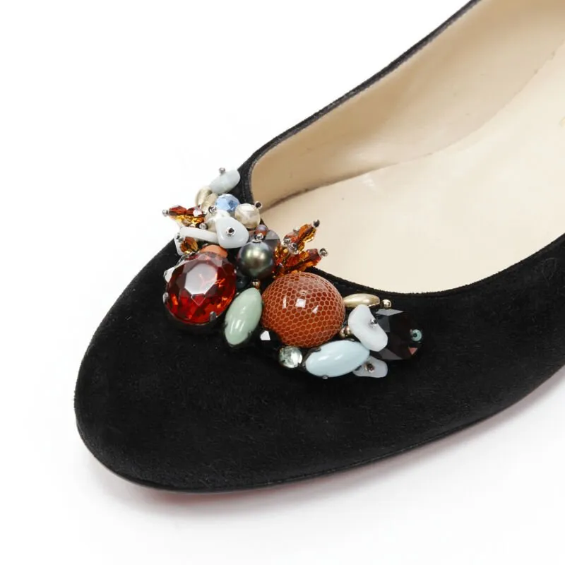 CHRISTIAN LOUBOUTIN mixed crystal stone embellished black suede flats EU37.5