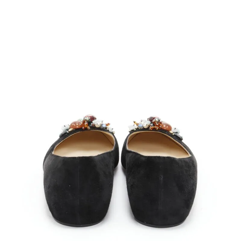 CHRISTIAN LOUBOUTIN mixed crystal stone embellished black suede flats EU37.5