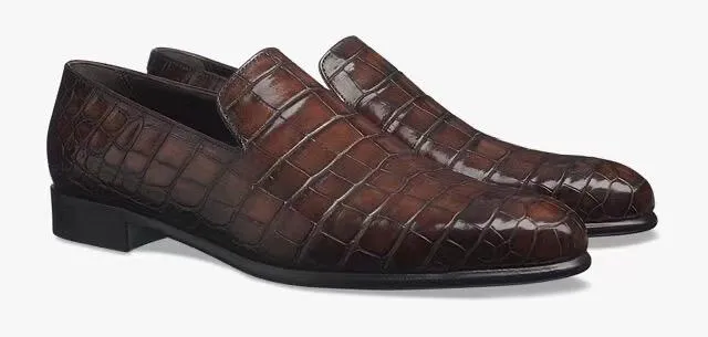 Crocodile Shoes Men's Penny Loafer Shoes, Genuine Crocodile Skin Leather Slip On Casual Dress Shoes Vintage Brown