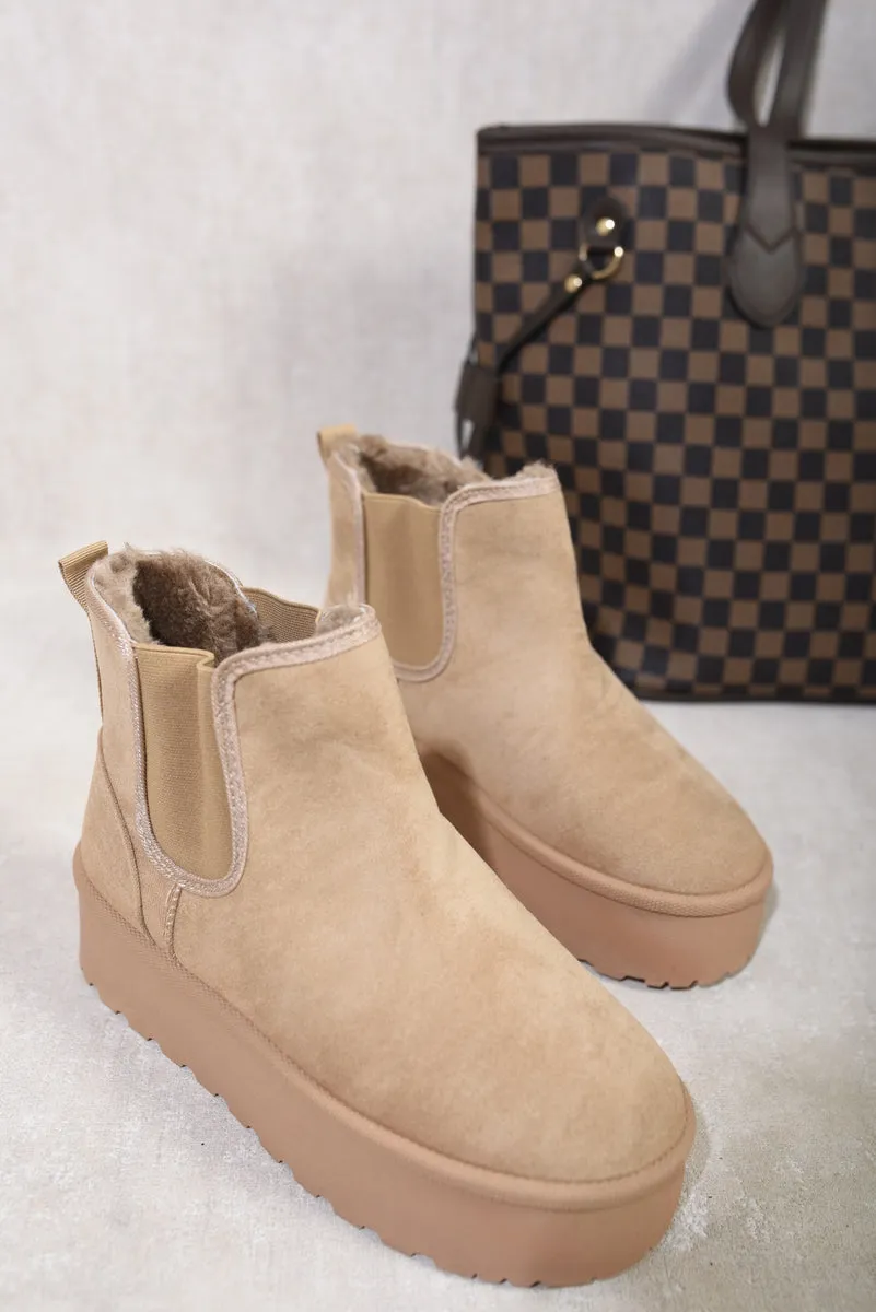 Fluffy Platform Sole Chelsea Faux Fur Lined Ankle Boots