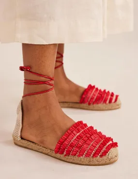 Fringe Detail Flat Espadrilles-Vermillion Red