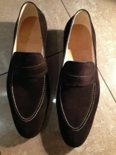 Handmade Men's Chocolate Brown Leather Suede Penny Loafers, Men Designer Dress Formal Luxury Shoes