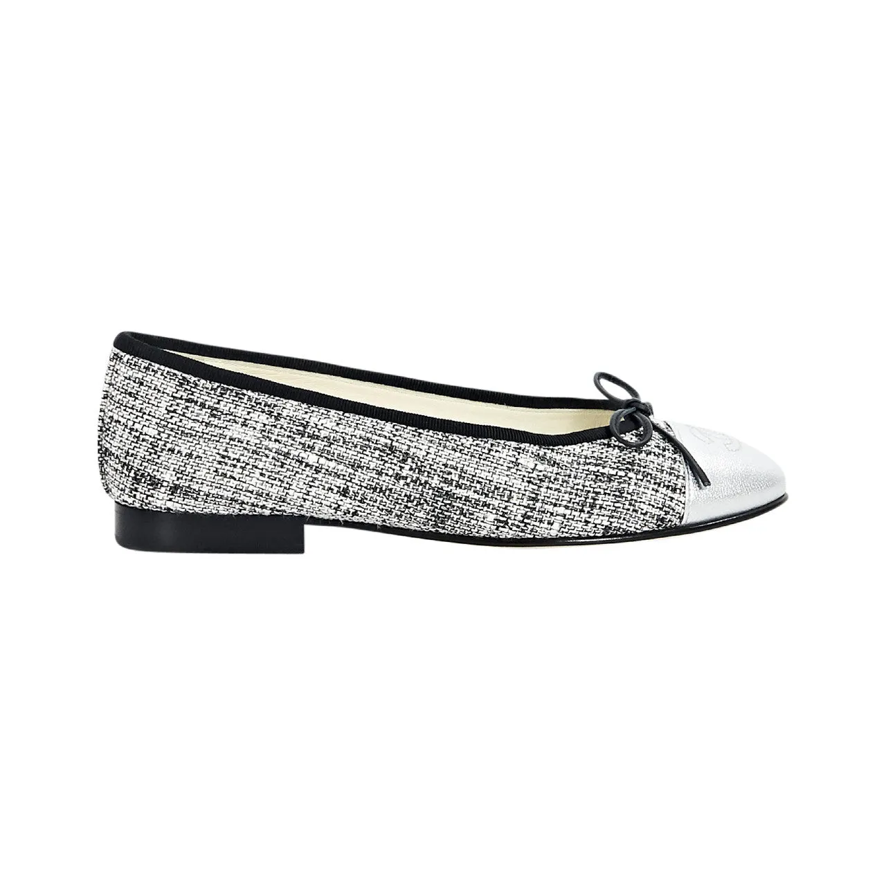 Metallic Silver Chanel Tweed Cap-Toe Ballet Flats