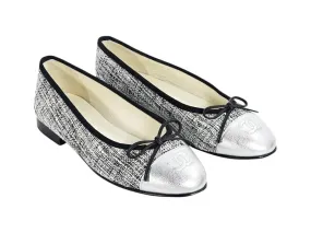 Metallic Silver Chanel Tweed Cap-Toe Ballet Flats