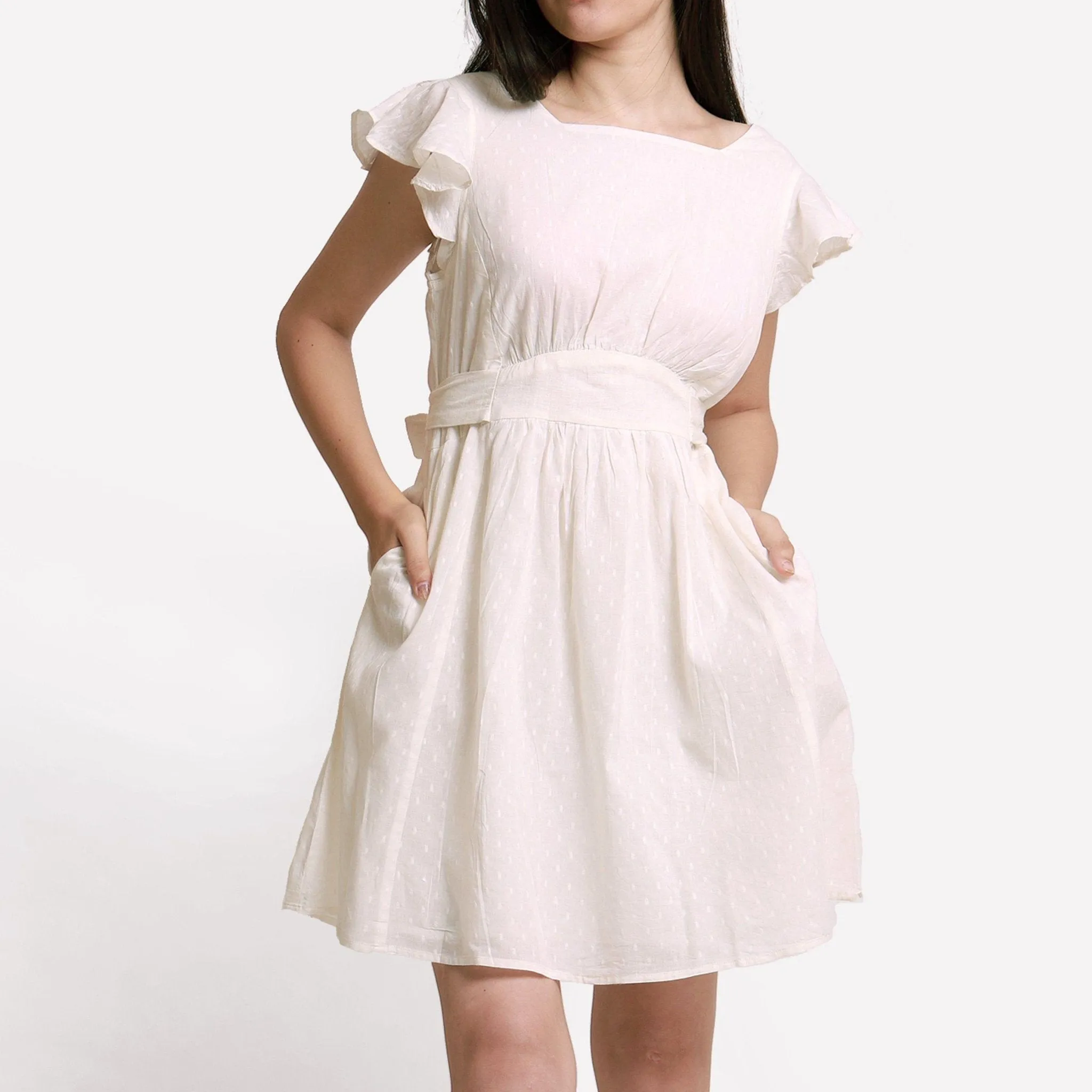 White Horseshoe Neck Cotton Princess Line Short Dress